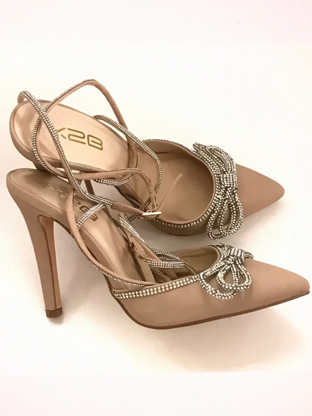 X2B Stiletto Heels Ankle Wrap Rhinestone Bow Heels Tan Women’s Size 7